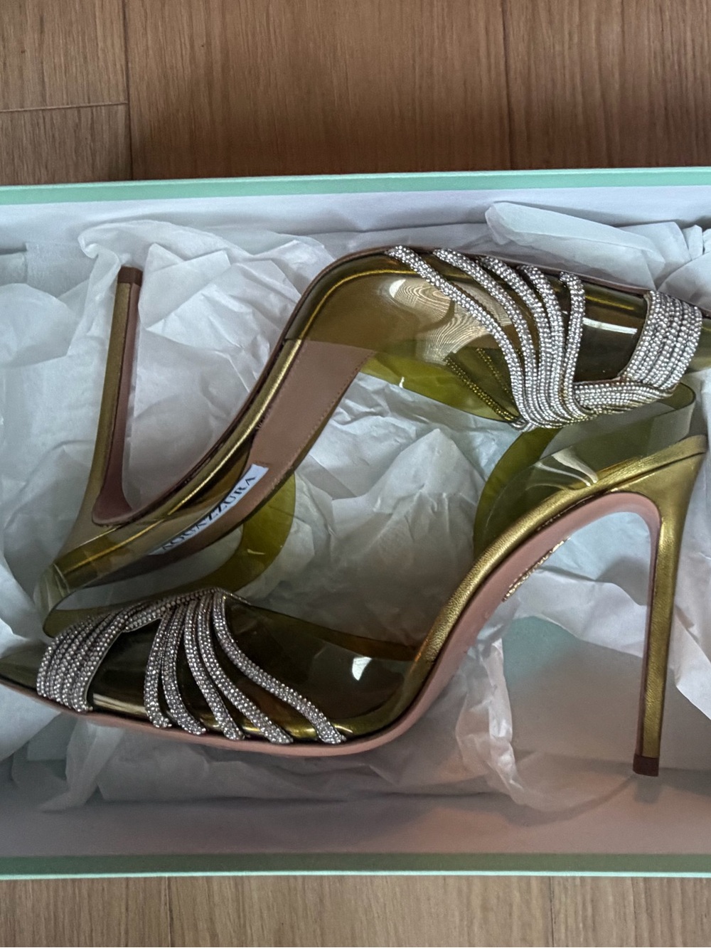Aquazzura Olive Green Gatsby
PVC Slingback Pumps with Crystal Knot Accent